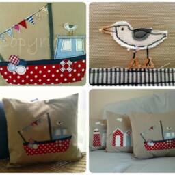 Fishing Boat Applique Linen Cushion Cover Handmade Nautical Pillow - thumbnail 4