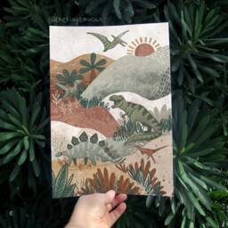 Dinosaur Explore Art Print - Warm Muted Kids Decor - Boho Kids - Dinosaur Poster Sustainably Source Paper & Plastic Free Packaging - thumbnail 2