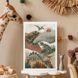 Dinosaur Explore Art Print - Warm Muted Kids Decor - Boho Kids - Dinosaur Poster Sustainably Source Paper & Plastic Free Packaging - thumbnail 1