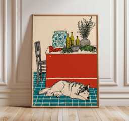 Husky Dog Wall Art Print, Rustic Kitchen Poster, Mediterranean Illustration, Cozy Pet Lover Decor, Artwork Gift - thumbnail 1