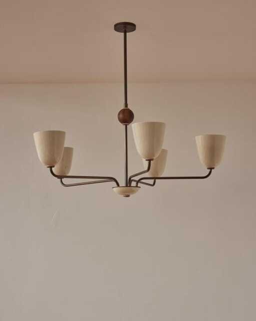 1950S Mid-Century Modern Brass Chandelier - Mid Century Elikei 5-Light Pendant Stilnovo Ceiling Fixture - image 1