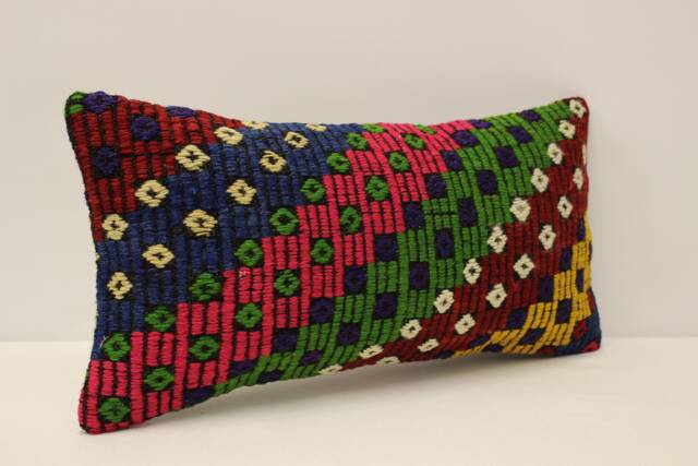 Vintage Turkish Kilim Pillow Cover, Wool Lumbar Cushion - 10x20 Inches - image 1