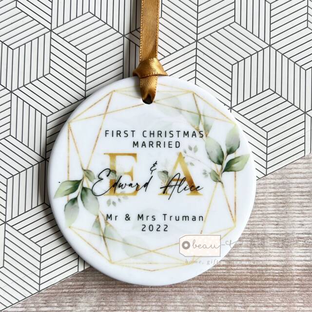 Personalised First Christmas Married Wedding Gift Mr Mrs Newlywed Botanical Greenery Design Ceramic Or Acrylic Round Ornament Keepsake
