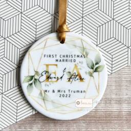 Personalised First Christmas Married Wedding Gift Mr Mrs Newlywed Botanical Greenery Design Ceramic Or Acrylic Round Ornament Keepsake