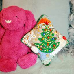 Small Xmas Pillow, Hand Embroidered, Rustic Linen Stuffed Collector Gift, Embroidered Pillow - thumbnail 4