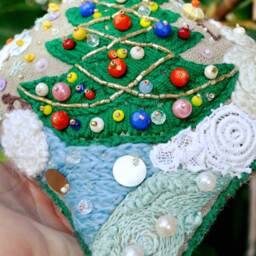 Small Xmas Pillow, Hand Embroidered, Rustic Linen Stuffed Collector Gift, Embroidered Pillow - thumbnail 3