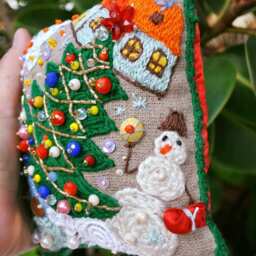 Small Xmas Pillow, Hand Embroidered, Rustic Linen Stuffed Collector Gift, Embroidered Pillow - thumbnail 2