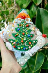 Small Xmas Pillow, Hand Embroidered, Rustic Linen Stuffed Collector Gift, Embroidered Pillow - thumbnail 1