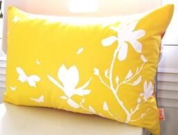 Yellow Magnolia & Butterfly Pillow Silkscreened Cotton Throw Pillow - thumbnail 1