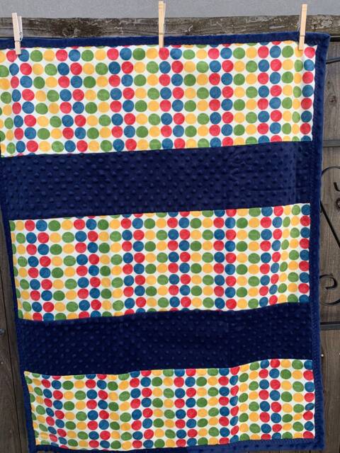 Handmade Modern Baby Minky Blanket Navy Blue, Yellow, Red, Green & Blue Polka Dot Retro - image 1