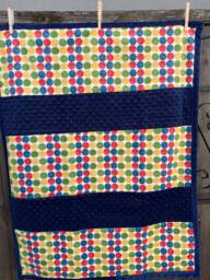 Handmade Modern Baby Minky Blanket Navy Blue, Yellow, Red, Green & Blue Polka Dot Retro - thumbnail 1