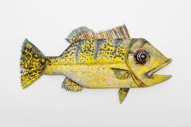 Hand-Carved Yellow Fish Wall Art - Reclaimed Wood Sculpture, Coastal Statement Piece - image 1