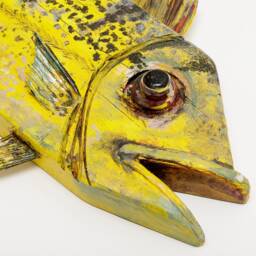 Hand-Carved Yellow Fish Wall Art - Reclaimed Wood Sculpture, Coastal Statement Piece - thumbnail 2