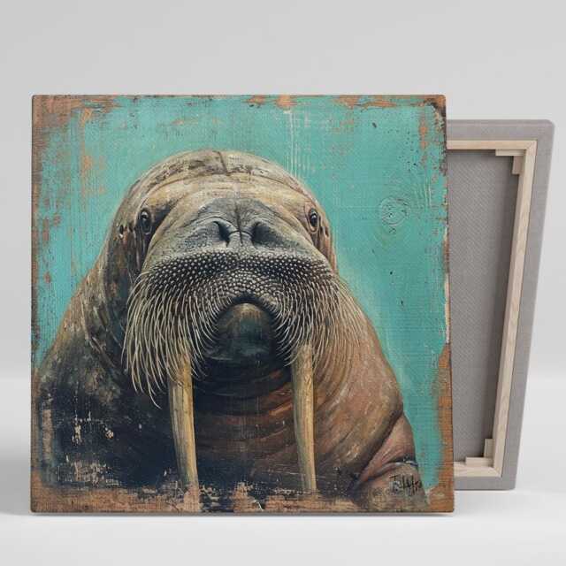 Walrus Portrait Art, Canvas Or Poster, Coastal Rustic Decor, Living Room Bedroom Bathroom Office Wall Turquoise Brown White Whimsical - image 1