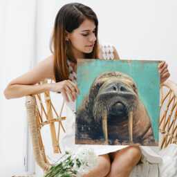 Walrus Portrait Art, Canvas Or Poster, Coastal Rustic Decor, Living Room Bedroom Bathroom Office Wall Turquoise Brown White Whimsical - thumbnail 3