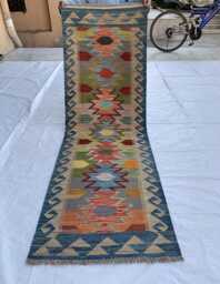 Handmade Afghan Kilim Runner Turkmen Wool Rug, Vegetable Dye - 197x65 cm - thumbnail 1