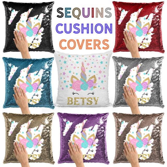 Personalised Name Pillow Covers Custom Cushion Cover - Sequins Pilloe -Unicorn Sequin Cover Magic Reveal, Any Name - image 1