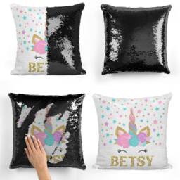 Personalised Name Pillow Covers Custom Cushion Cover - Sequins Pilloe -Unicorn Sequin Cover Magic Reveal, Any Name - thumbnail 2