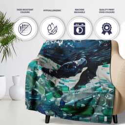 Blue Whale & Plastic Pollution Ocean Street Art, All Season Comfort, Comfortable Everyday Use - Super Soft Fleece Blanket Bed Sofa Throw - thumbnail 2