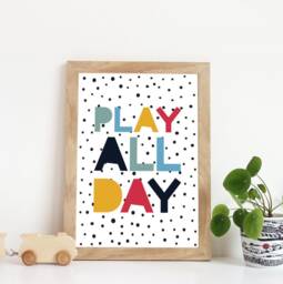 Play All Day Print, Boys Nursery Prints, Monochrome Playroom Bedroom Decor, Monchrome Wall Art - thumbnail 1
