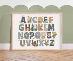 Dinosaur Alphabet Print Horizontal, Poster, Educational Playroom Prints, Neutral Kids Bedroom Wall Art - thumbnail 1