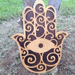 Two-Tone Golden Oak & Walnut Wood Hamsa Wall Art - thumbnail 3