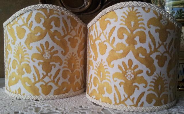 Pair Of Wall Sconce Clip-On Shield Shades Fortuny Fabric Yellow & White Delfino Pattern Half Lampshade - Handmade in Italy - image 1