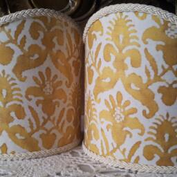 Pair Of Wall Sconce Clip-On Shield Shades Fortuny Fabric Yellow & White Delfino Pattern Half Lampshade - Handmade in Italy - thumbnail 3
