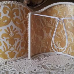 Pair Of Wall Sconce Clip-On Shield Shades Fortuny Fabric Yellow & White Delfino Pattern Half Lampshade - Handmade in Italy - thumbnail 2