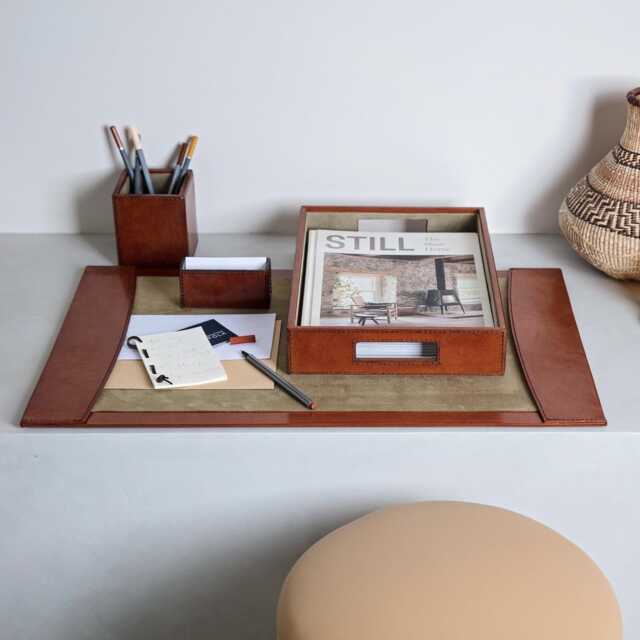 Personalised Tan Leather Deluxe Desk Set - Office & Business Stationary Retirement Gift 3rd Wedding Anniversary Present - image 1