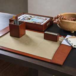 Personalised Tan Leather Deluxe Desk Set - Office & Business Stationary Retirement Gift 3rd Wedding Anniversary Present - thumbnail 2