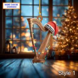 Musical Harp Acrylic 2D Flat Christmas Ornament, Festive Tree Hanging Holiday Decoration, Unique Harp Musical Gift - thumbnail 2