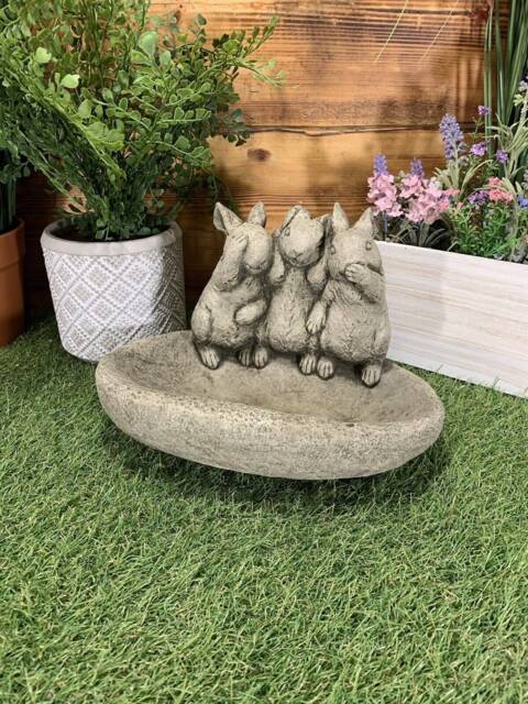 stone Garden See Hear Speak No Evil Rabbit Bird Bath Feeder Bowl Ornament Gift - image 1