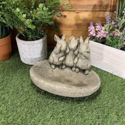 stone Garden See Hear Speak No Evil Rabbit Bird Bath Feeder Bowl Ornament Gift - thumbnail 2