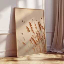 Minimalist Pampas Grass Wall Art Print, Neutral Boho Poster With Birds, Scandinavian Nature Decor - thumbnail 2