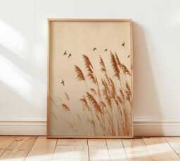 Minimalist Pampas Grass Wall Art Print, Neutral Boho Poster With Birds, Scandinavian Nature Decor - thumbnail 1