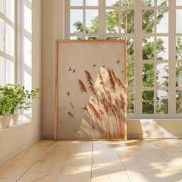 Minimalist Pampas Grass Wall Art Print, Neutral Boho Poster With Birds, Scandinavian Nature Decor - thumbnail 3