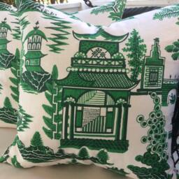 "Schumacher Pillow Cover in Jade Green & White ""Nanjing" - thumbnail 2