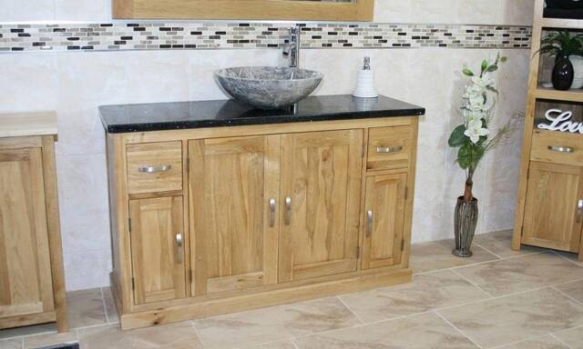Oak Bathroom Single Vanity Unit 123cm Wide With Black Quartz Top & Marble Basin 402Bqsbcx1 - image 1