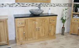 Oak Bathroom Single Vanity Unit 123cm Wide With Black Quartz Top & Marble Basin 402Bqsbcx1