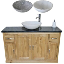 Oak Bathroom Single Vanity Unit 123cm Wide With Black Quartz Top & Marble Basin 402Bqsbcx1 - thumbnail 2