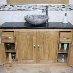 Oak Bathroom Single Vanity Unit 123cm Wide With Black Quartz Top & Marble Basin 402Bqsbcx1 - thumbnail 3