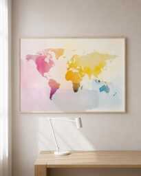 Multicolour Watercolor World Map Wall Art - Housewarming & Travel Gift