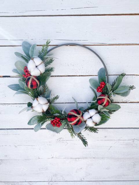Farmhouse Christmas Wreath Buffalo Plaid, Cotton, Pine & Holly - image 1