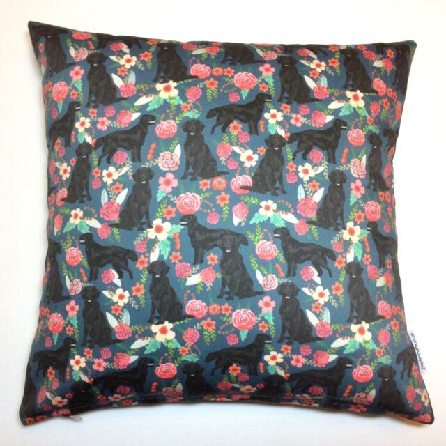 Black Flatcoat Retriever Dog Print Cushion Cover With Dark Blue + Pink Floral Design, Pillow Cover, Home & Living, Decorative Pillow, 38x38 - image 1
