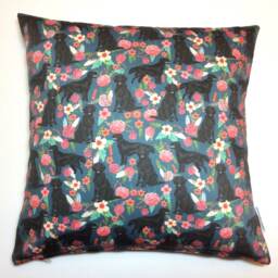 Black Flatcoat Retriever Dog Print Cushion Cover With Dark Blue + Pink Floral Design, Pillow Cover, Home & Living, Decorative Pillow, 38x38 - thumbnail 1
