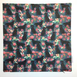 Black Flatcoat Retriever Dog Print Cushion Cover With Dark Blue + Pink Floral Design, Pillow Cover, Home & Living, Decorative Pillow, 38x38 - thumbnail 2