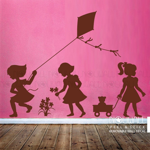 Little Girls Silhouette Picking Flowers Pulling Wagon & Flying A Kite Children Kids Wall Sticker Decal - image 1