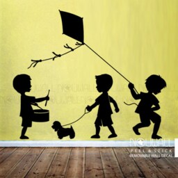 Little Girls Silhouette Picking Flowers Pulling Wagon & Flying A Kite Children Kids Wall Sticker Decal - thumbnail 3