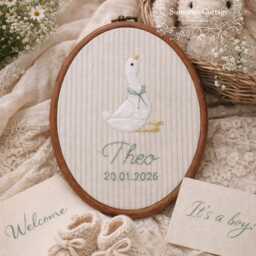 Silly Goose Embroidery Hoop Custom Name Colour Nursery Wall Art. Beatrix Potter Style Baby Gift. Newborn Baby Announcement - thumbnail 3